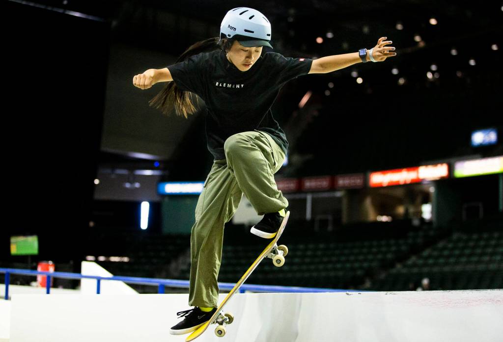 Funa Nakayama warms up before the start of the Street League Skateboarding womens final on Sunday, Aug. 14, 2022 in Everett, Washington. (Olivia Vanni / The Herald)