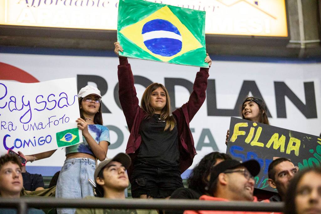 Fans of Rayssa Leal cheer during the Street League Skateboarding womens final on Sunday, Aug. 14, 2022 in Everett, Washington. (Olivia Vanni / The Herald)