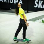 Rayssa Leal celebrates after winning the Street League Skateboarding womens final on Sunday, Aug. 14, 2022 in Everett, Washington. (Olivia Vanni / The Herald)