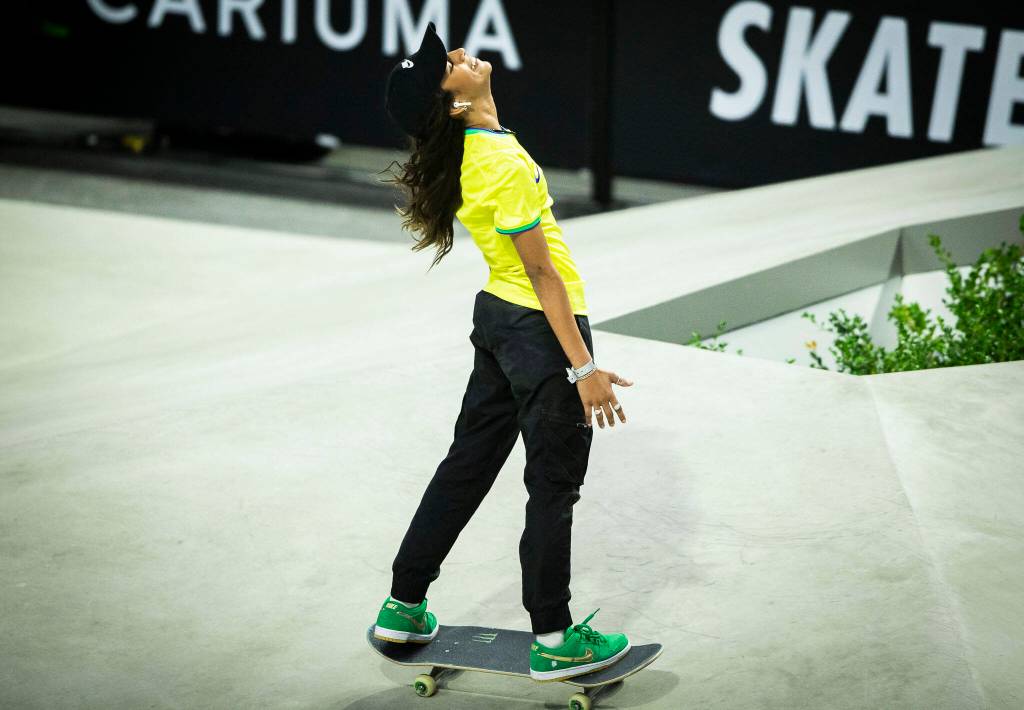 Rayssa Leal celebrates after winning the Street League Skateboarding womens final on Sunday, Aug. 14, 2022 in Everett, Washington. (Olivia Vanni / The Herald)