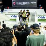 Pamela Rosa, Rayssa Leal and Yuemka Oda hold their respective trophies after the Street League Skateboarding womens final on Sunday, Aug. 14, 2022 in Everett, Washington. (Olivia Vanni / The Herald)