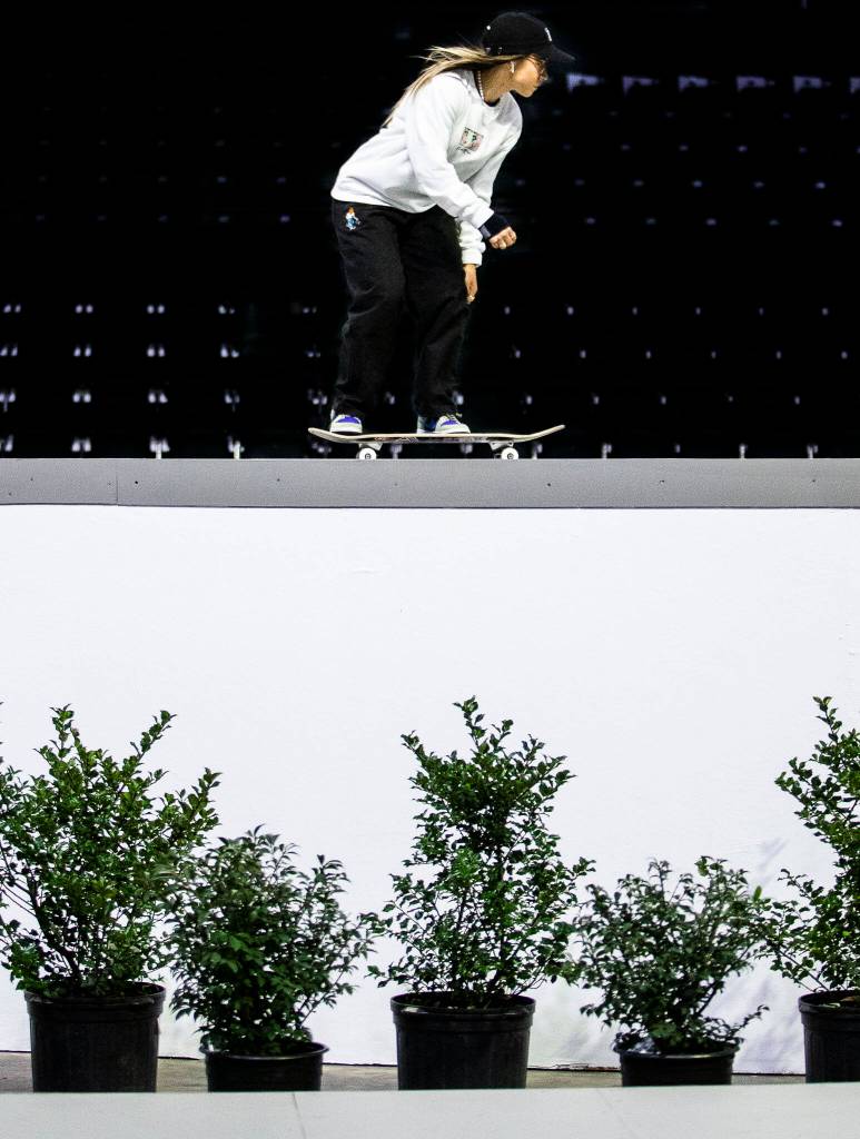 Pamela Rosa of Brazil warms up before the start of the Street League Skateboarding womens final on Sunday, Aug. 14, 2022 in Everett, Washington. (Olivia Vanni / The Herald)