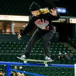 Poe Pinson railslides during a warm up before the start of the Street League Skateboarding women’s final on Sunday, Aug. 14, 2022 in Everett, Washington. (Olivia Vanni / The Herald)