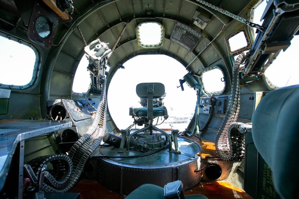 The nose of Sentimental Journey, a Boeing B-17 Flying Fortress, is seen on Monday, at Arlington Municipal Airport in Arlington. (Ryan Berry / The Herald)