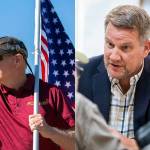 State Representative Robert Sutherland, left, gives a thumbs-up to passing drivers as he and a few volunteers wave flags and campaign signs along the side of State Route 9 on July 22, in Lake Stevens. Sam Low, right, talks with seniors on July 20 in Lake Stevens. (Sutherland photo by Ryan Berry / The Herald, Low photo by Kevin Clark / The Herald)