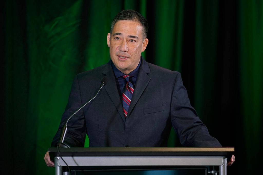 Washington Secretary of State Steve Hobbs, a Democrat, takes part in a debate with Pierce County Auditor Julie Anderson, who is running as a nonpartisan, Wednesday, in Olympia. (AP Photo / Ted S. Warren)