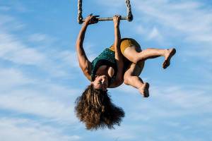 A performer with Up Up Up, a touring circus on a flatbed truck with a crane for aerial acts. (Submitted photo)