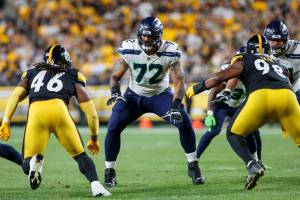 Seattle Seahawks offensive tackle Abraham Lucas (72) blocks during a preseason NFL football game, Saturday, Aug. 13, 2022, in Pittsburgh, PA. (AP Photo/Matt Durisko)
