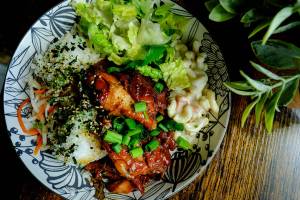 Enseamada, a new Filipino cafe in Everett, serves up generous plates like their adobo bowl, with soy garlic chicken, mac salad, rice and dressed lettuce. They also offer coffee drinks, halo halo and their must-have ensaymadas.