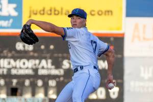 AquaSox pitcher Bryan Woo throws during a game against the Canadians on Aug. 19, 2022, at Funko Field in Everett (photo by David Herold)