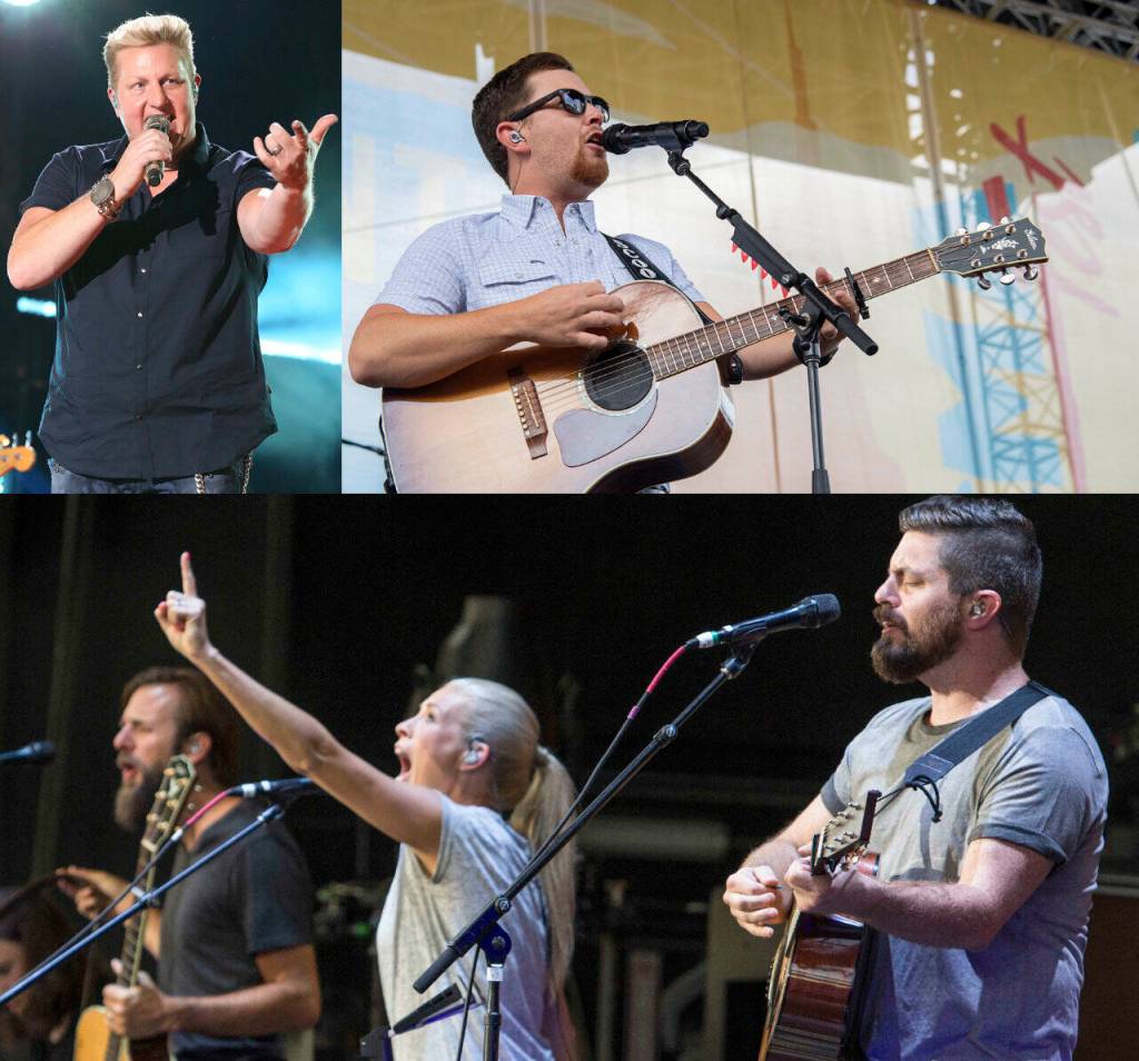 Grandstand concert performers at the Evergreen State Fair are (clockwise from top left) Gary LeVox, Scotty McCreery and Bethel Music. (Associated Press photos)
