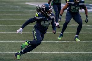 Seattle Seahawks linebacker Shaquem Griffin is picturedd during the second half of an NFL football game against the New York Jets, Sunday, Dec. 13, 2020, in Seattle. The Seahawks won 40-3. (AP Photo/Stephen Brashear)