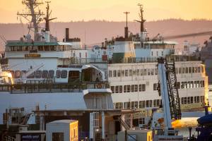Cathlamet, the Washington State Ferry that crashed in Seattle last month, sits at the Port of Everett on Thursday, Aug. 25, 2022, in Everett, Washington. The ferry will require extensive repairs after a hard landing crumpled one corner of the boat at the Fauntleroy dock on July 28. (Ryan Berry / The Herald)