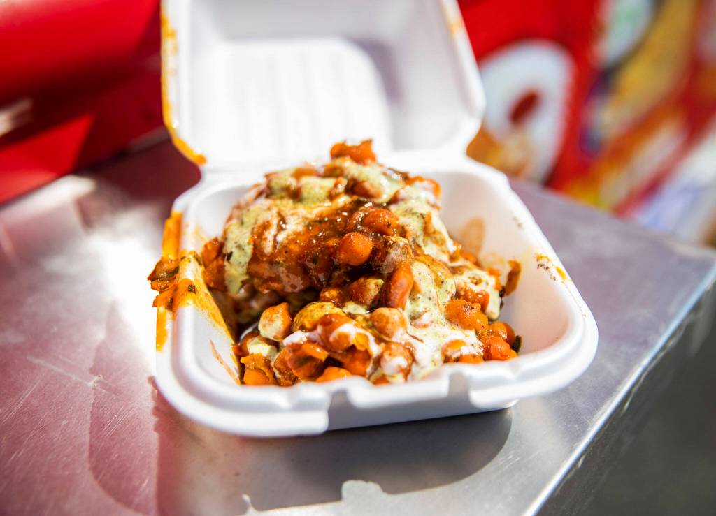 For flavor and texture but no meat sweats, try a Samosa Chaat at the Indian Food Truck. (Olivia Vanni / The Herald)