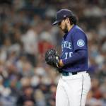 Mariners relief pitcher Andres Munoz walks off the field after giving up three runs and the lead to the Guardians during the eighth inning of a game Saturday in Seattle. (AP Photo/John Froschauer)