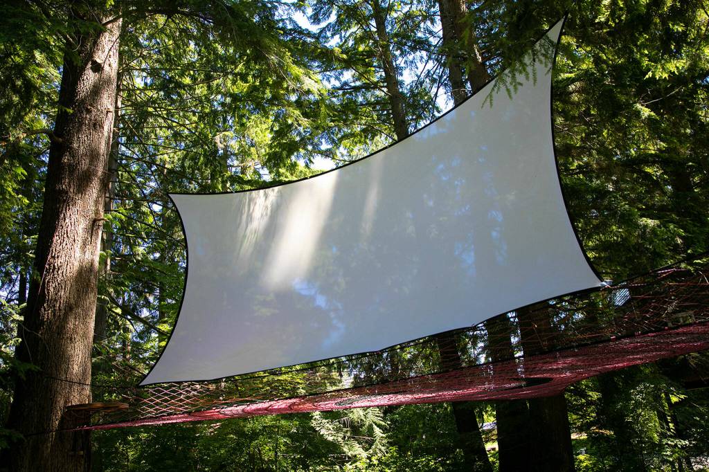 A projector screen and oversize hammock lets guests relax in the trees and watch Netflix while enjoying cannabis. (Ryan Berry / The Herald)