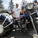 Walt Jackson, a Granite Falls veteran, has attached a sidecar to his Honda Shadow which allows his wife, who suffered a stroke, to ride along. Photographed Aug. 16, in Granite Falls. (Kevin Clark / The Herald)