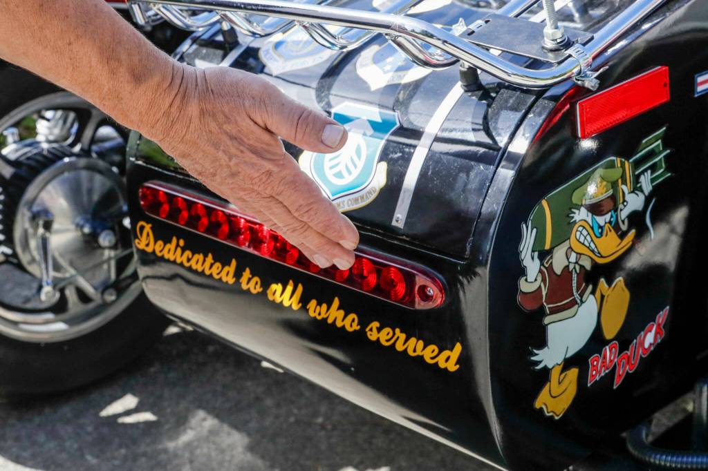 Walt Jackson installed custom lights on a rare sidecar. Photographed Aug. 16, in Granite Falls. (Kevin Clark / The Herald)