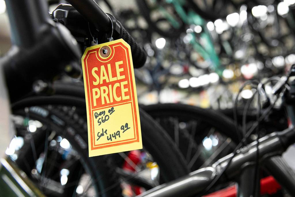 Rows of bicycles are for sale, some at a discount, on Thursday, Sep. 1, 2022, at Bicycle Centres of Silverlake in Everett, Washington. (Ryan Berry / The Herald)
