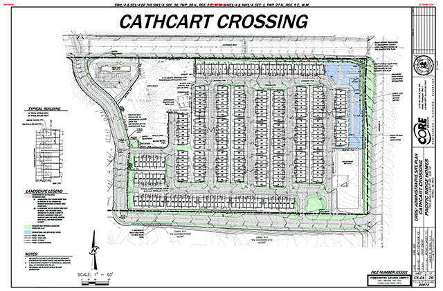 Plans for a 286-townhome development, fast food restaurant and mini-store restaurant at Highway 9 and Cathcart Way. (Snohomish County Planning & Development Services)