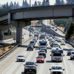 Heavy traffic northbound on 1-5 in on Wednesday, in Everett. (Kevin Clark / The Herald)