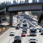 Heavy traffic northbound on 1-5 in Everett, Washington on August 31, 2022. (Kevin Clark / The Herald)