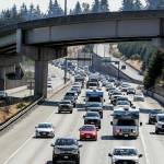 Heavy traffic northbound on 1-5 in Everett, Washington on August 31, 2022.  (Kevin Clark / The Herald)