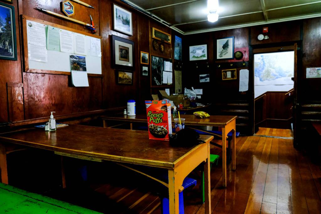 A box of cereal in the common room of Washington Alpine Clubs Guye Cabin near Snoqualmie Pass. The 90-year-old lodge allows weary hikers to rest, eat a hot meal, do laundry, shower and resupply for the next stretch. (Taylor Goebel / The Herald)