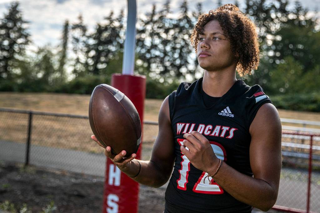 Kai Lewis, Archbishop Murphy quarterback, returns this season after suffering a broken leg in Week 2 of last year. Lewis had just won the starting quarterback job before his injury. Photographed in Everett, Washington on August 31, 2022.  (Kevin Clark / The Herald)