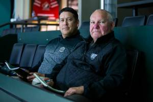 Doug Sinclair, left, and Garry Ryhorchuk at Silvertips training camp on Thursday, Sept. 1, 2022 in Everett, Washington. (Olivia Vanni / The Herald)