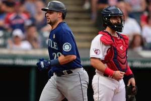Seattle Mariners' Cal Raleigh runs the bases after hitting a solo home run off Cleveland Guardians starting pitcher Cody Morris during the second inning of a baseball game, Friday, Sept. 2, 2022, in Cleveland. (AP Photo/David Dermer)