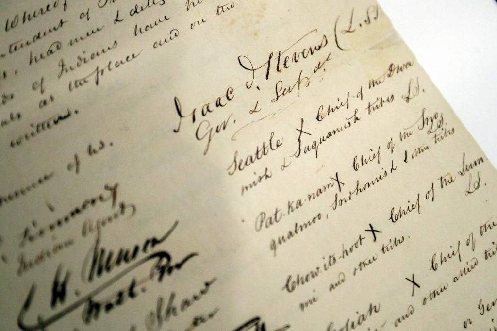 A few of the signatories of the Point Elliott treaty Tuesday afternoon at the Hibulb Cultural Center in Tulalip. (Kevin Clark / The Herald)