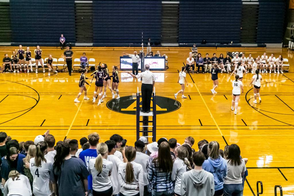 Lake Stevens compete in non-league volleyball match against the Eagles Tuesday evening at Arlington High School in Arlington, Washington on September 6, 2022. Lake Stevens and Arlington have been the countys best volleyball programs over the past few years. The Vikings won the straight sets. (Kevin Clark / The Herald)