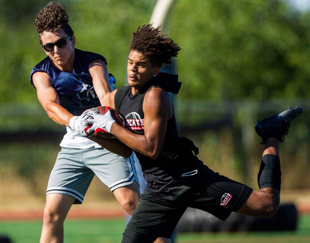 Archbishop Murphys Diontaye Moorman makes a catch during a 7on7 game against Meadowdale on July 20 in Snohomish. The Wildcats make a trip north to battle 1A power Lynden Christian on Friday. (Olivia Vanni / The Herald)