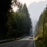 Cars drive along a smokey Mountain Loop Highway on Friday, in Granite Falls. (Olivia Vanni / The Herald)