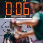 A pitch clock is deployed to restrict pitcher preparation times during a minor league baseball game between the Brooklyn Cyclones and Greensboro Grasshoppers on July 13, 2022, in New York. (AP Photo/John Minchillo)
