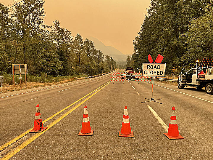 U.S. 2 was blocked off Saturday, Sept. 10, 2022, at milepost 36. (Ryan Berry / The Herald)