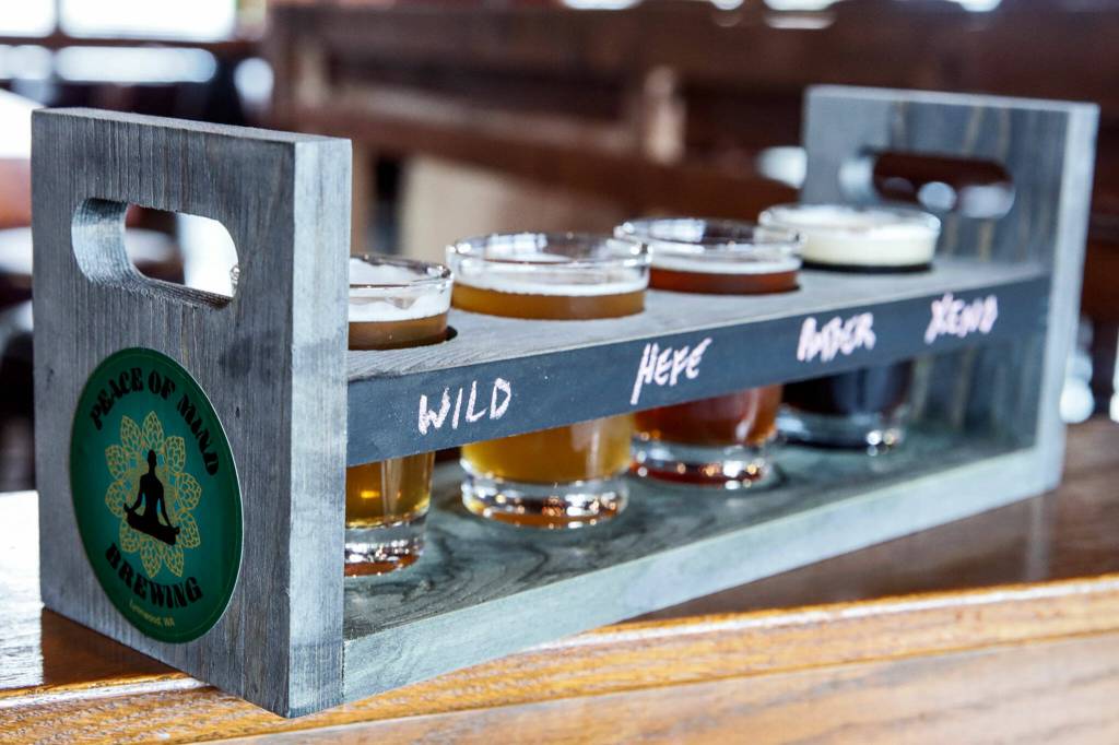 A sampler tray at the newly opened Peace of Mind Brewing on Sept. 13, in Lynnwood. (Kevin Clark / The Herald)