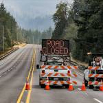 U.S. 2 remains closed east of Gold Bar due to the Bolt Creek fire Monday morning near Index, Washington on Sept. 12, 2022. (Kevin Clark / The Herald