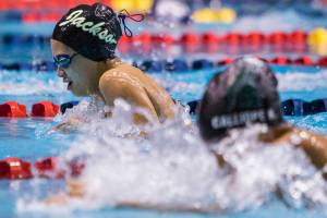 Jackson's Olivia Hoya swims in the 200 Yard Medley Relay during the 4A Girls State Swim & Dive Championship on Saturday, Nov. 13, 2021 in Federal Way, Wa. (Olivia Vanni / The Herald)