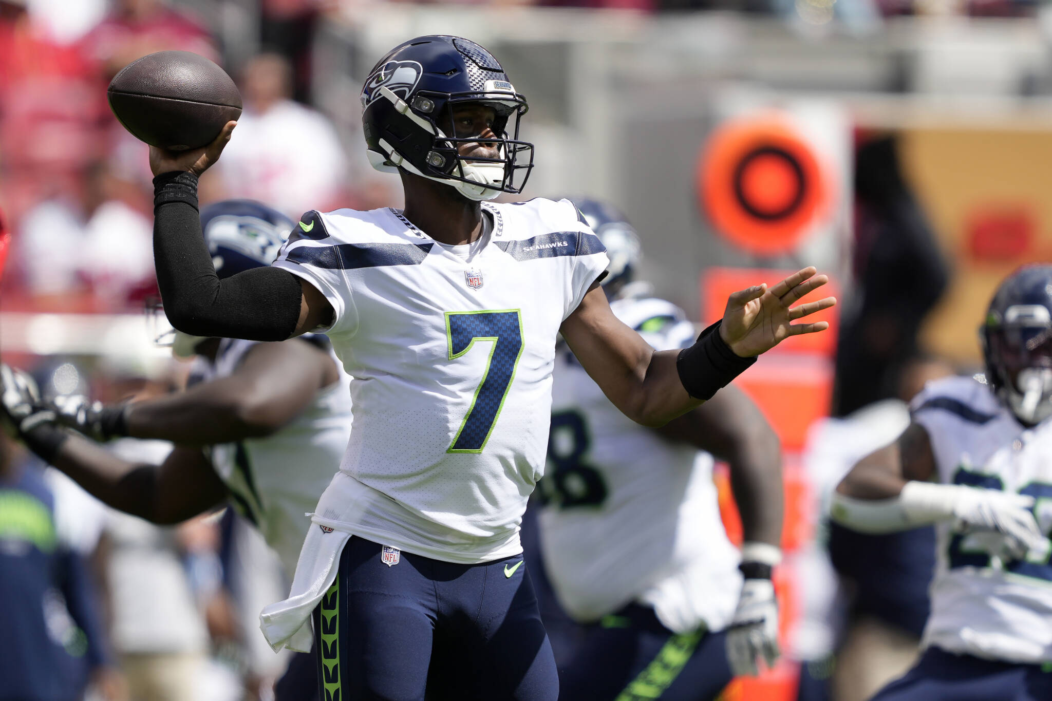 Seahawks quarterback Geno Smith passes against the 49ers during the first half of a game on Sept. 18 in Santa Clara, Calif. (AP Photo/Tony Avelar)