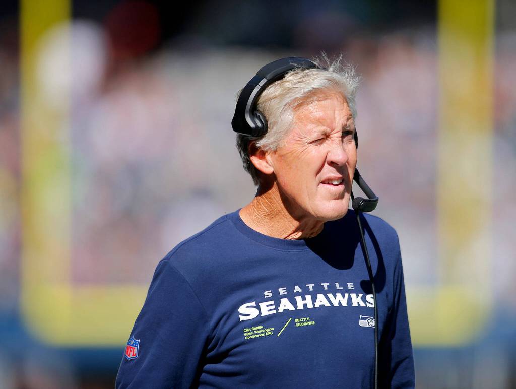 Seattle Seahawks head coach Pete Carroll patrols the sidelines against the Atlanta Falcons on Sunday, Sep. 25, 2022, at Lumen Field in Seattle, Washington. (Ryan Berry / The Herald)