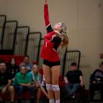 Snohomishs Kelsey Nichols serves the ball during the match against Monroe on Tuesday, Sept. 27, 2022 in Snohomish, Washington. (Olivia Vanni / The Herald)