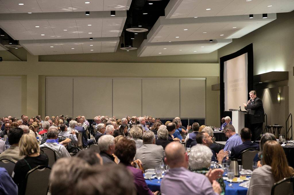 Hundreds pack the room during the 2022 Snohomish County Sports Hall of Fame banquet Wednesday, Sep. 28, 2022, at the Edward D. Hansen Conference Center in Everett, Washington. (Ryan Berry / The Herald)