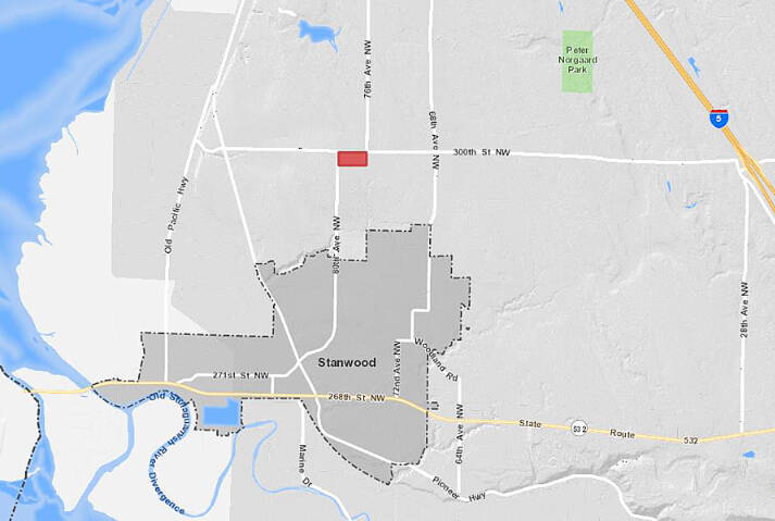 This map shows the proposed site for a new mental health treatment center (in red) at the corner of 80th Avenue NW and 300th Street NW, north of the city of Stanwood. (Snohomish County Planning Development Services)