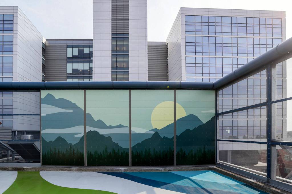 The newly opened outdoor mental health patio on the roof of the Providence Medical Center on Oct. 7, in Everett. (Kevin Clark / The Herald)