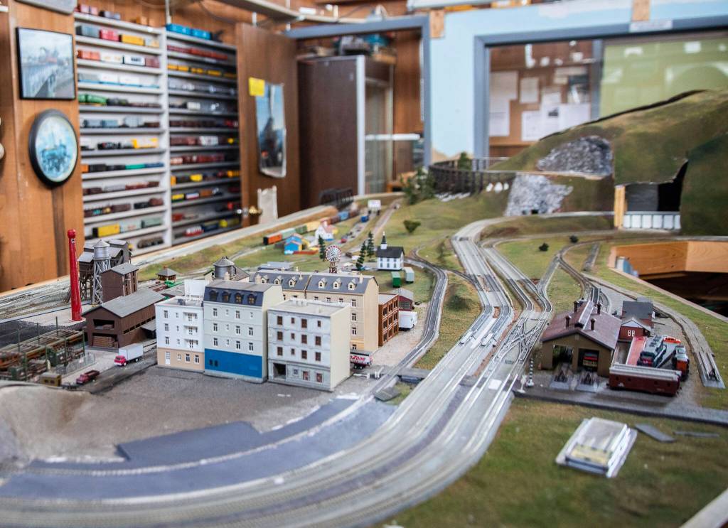 One of two train rooms available for use at Broadway Hobbies on Sept. 26, in Everett. (Olivia Vanni / The Herald)