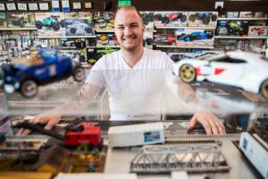Travis Lovestedt, the new owner of Broadway Hobbies, inside his shop on Monday, Sept. 26, 2022 in Everett, Washington. (Olivia Vanni / The Herald)