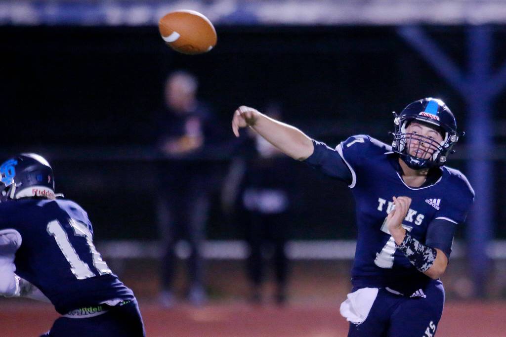 Sultans Westin Galle takes a shot up the field against Granite Falls on Friday, Sep. 30, 2022, at Sultan High School in Sultan, Washington. (Ryan Berry / The Herald)