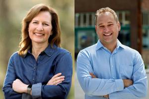 Kim Schrier, left, and Matt Larkin. (Schrier photo courtesy of Dr.Kim Schrier for Congress. Larkin photo courtesy of Larkin for Congress)